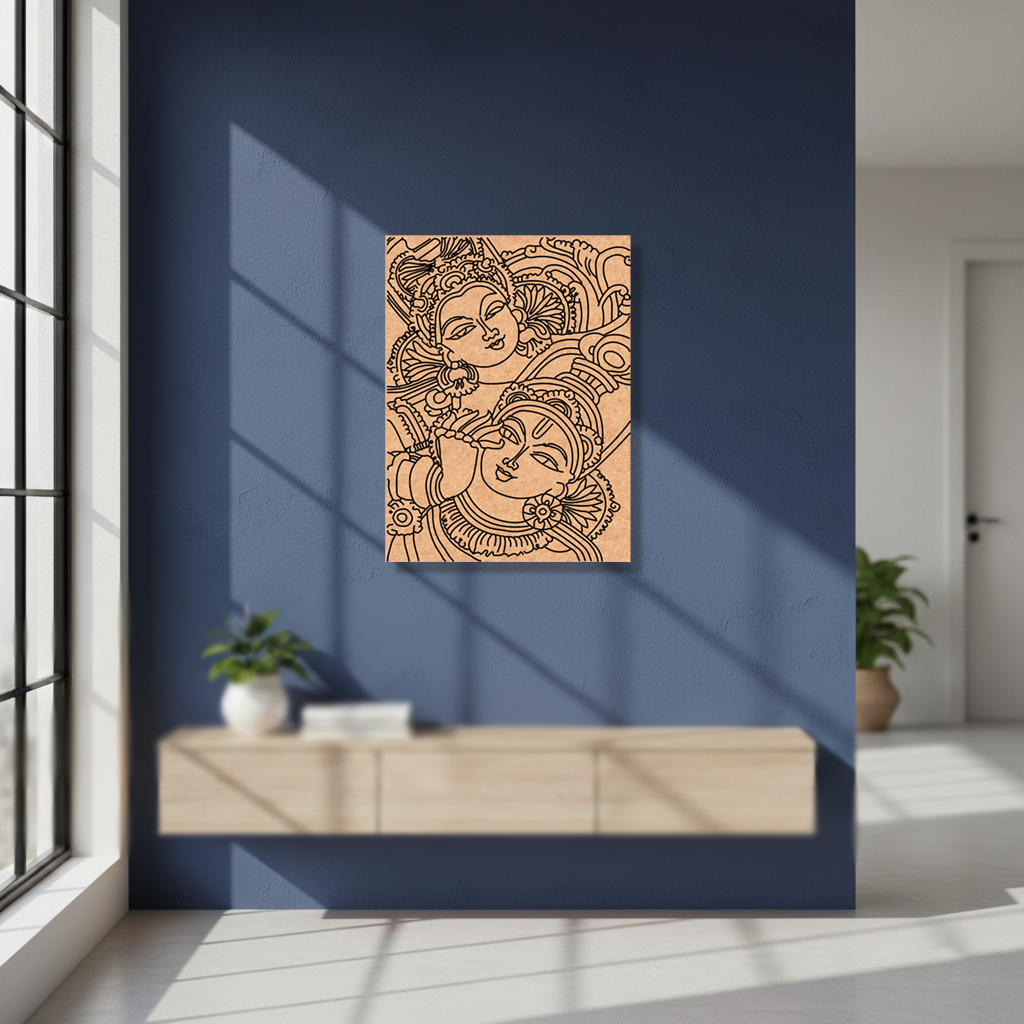 Decorative  MDF DIY wall art on a blue wall in a modern room with a wooden console table.