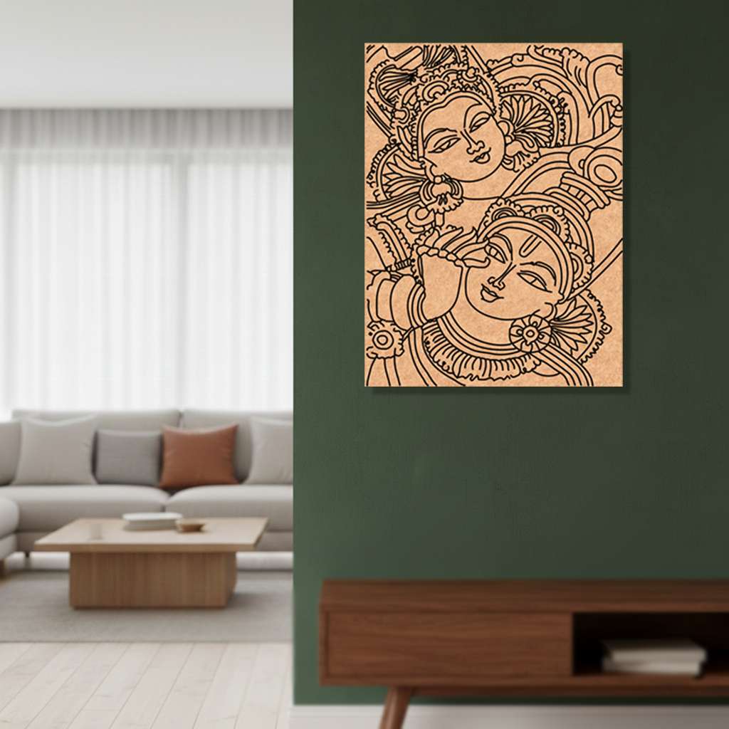 Decorative  MDF DIY wall art of two faces on a green wall in a living room.