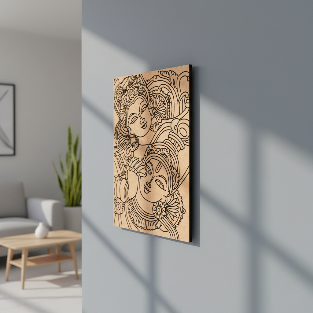  MDF DIY  wall art with intricate designs of two faces on a gray wall in a living room.