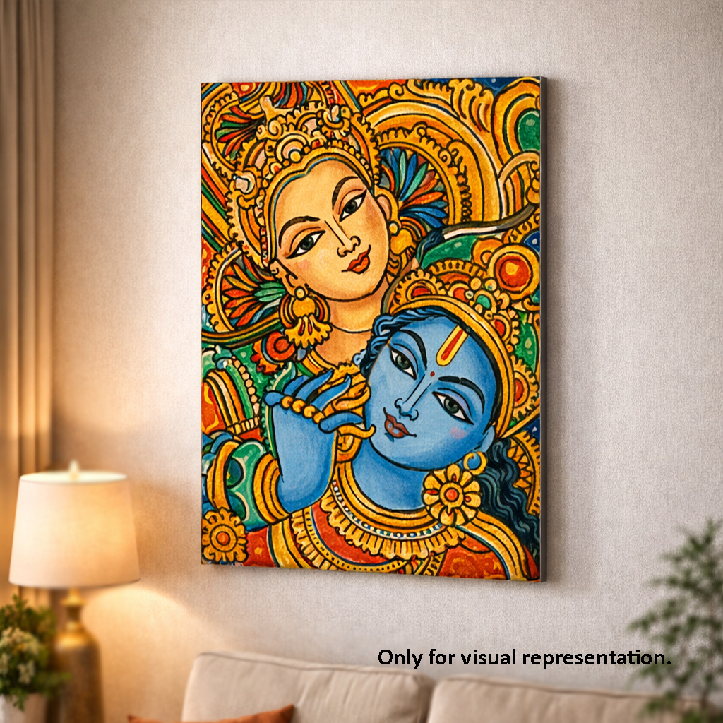 Colorful artwork of two faces on a wall in a room with a lamp and plant.