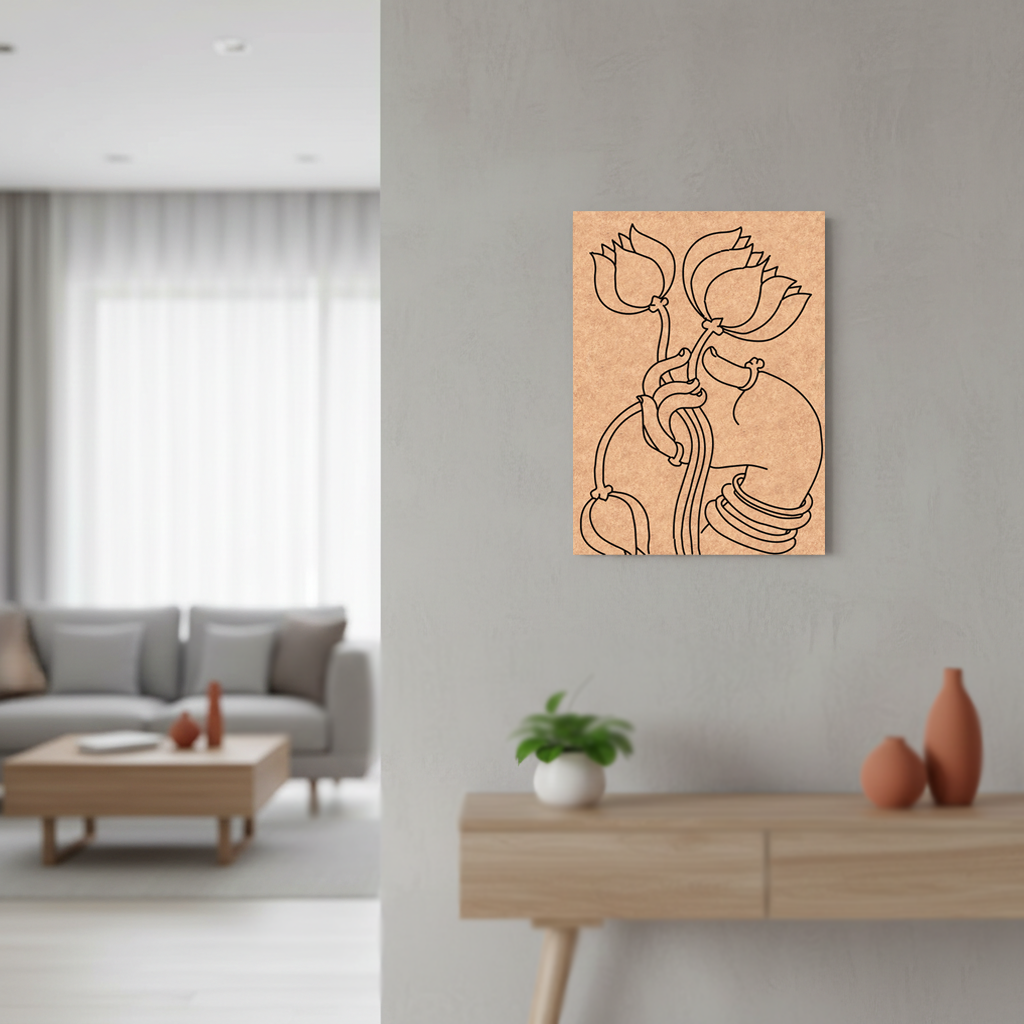 Modern living room with a minimalistic wall art piece of a woman holding flowers.