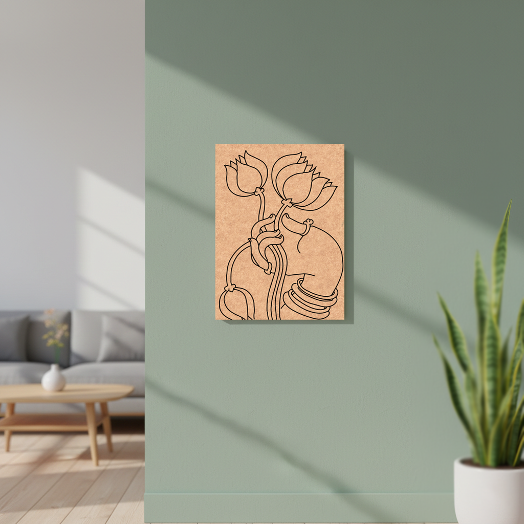  MDF DIY artwork of a cat and flowers on a green wall with a living room setting.