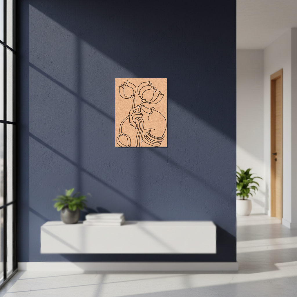 Decorative  MDF DIY wall art with abstract design on a blue wall in a modern interior setting.
