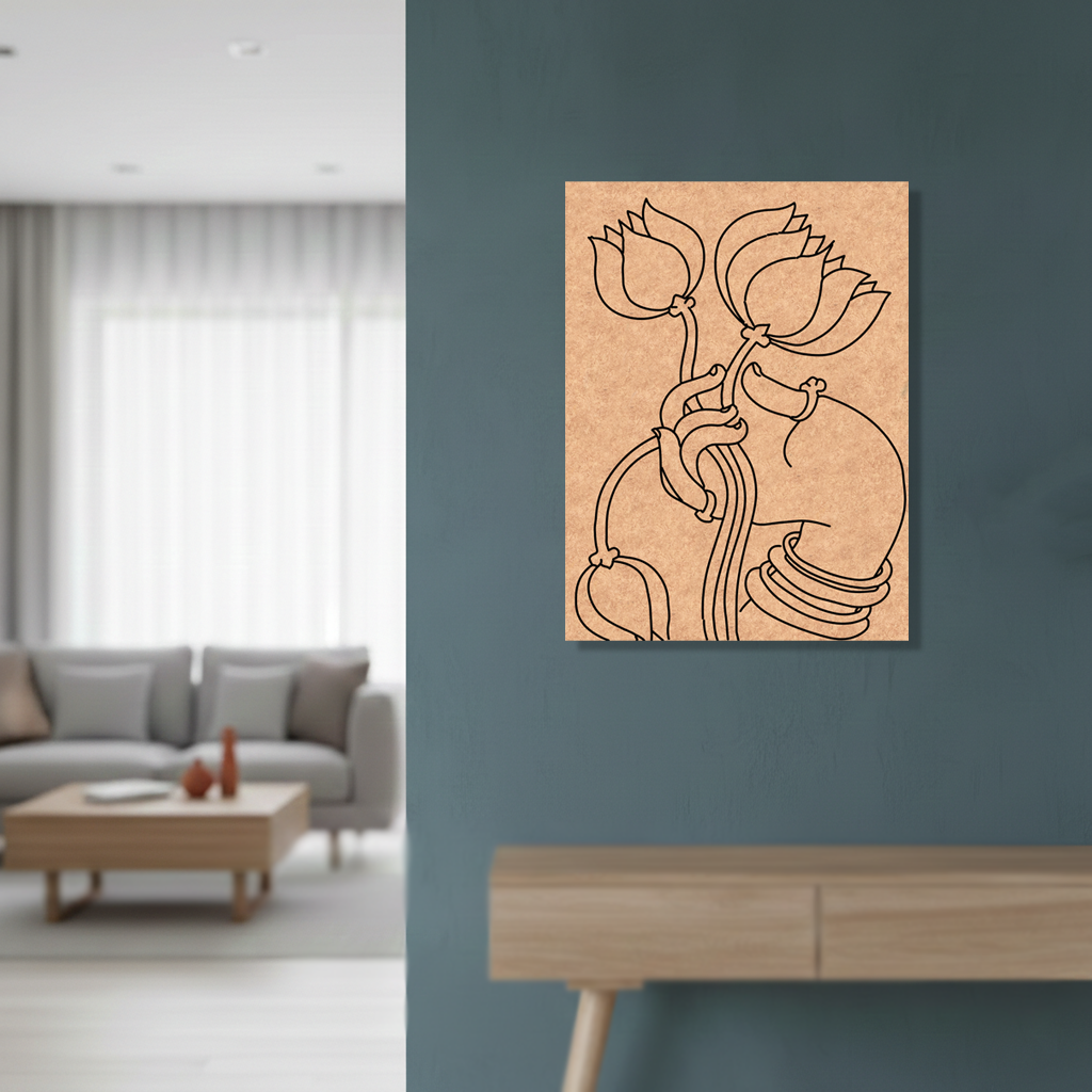 Abstract line art of flowers on a wall in a modern living room.