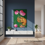Decorative painting of an hand holding pink lotus flowers on a wall in a modern room.