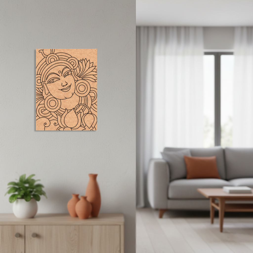 Decorative  MDF DIY wall art of a smiling face on a light gray wall in a living room.