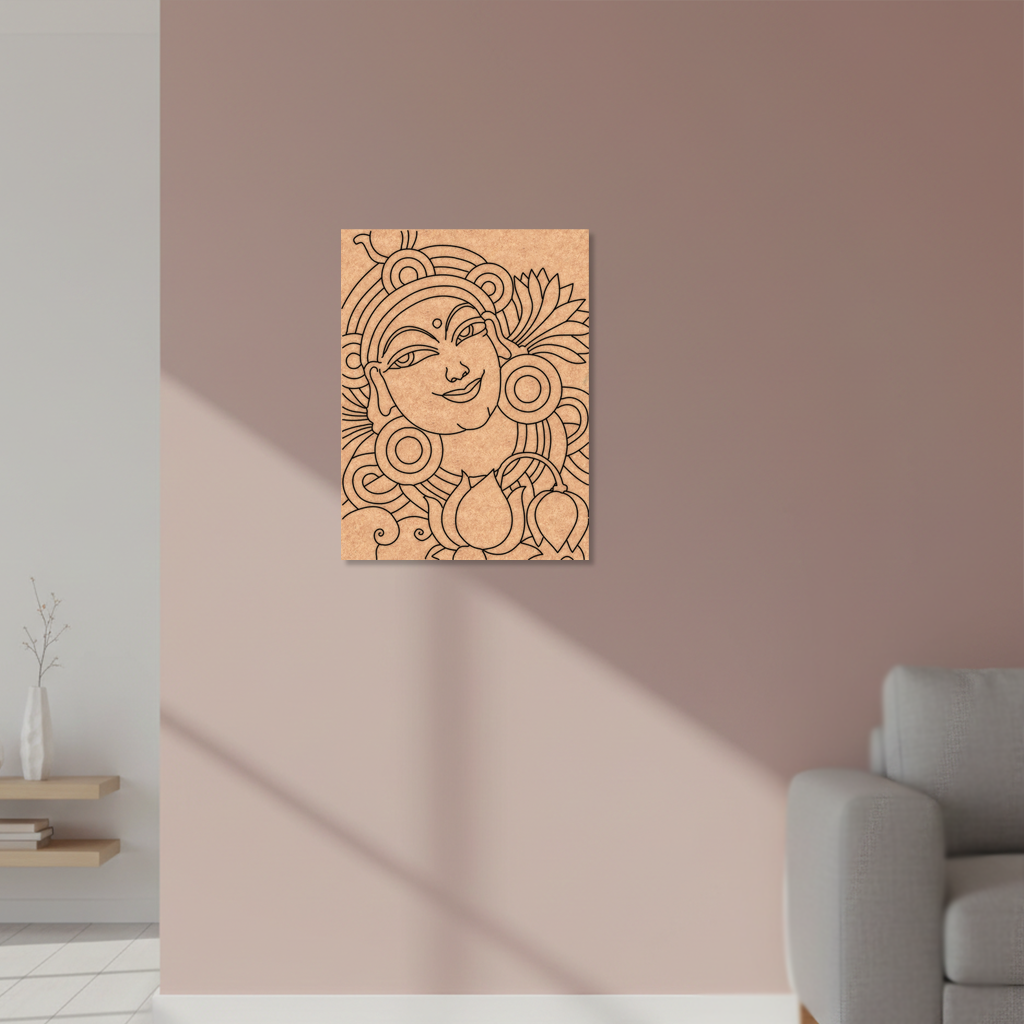 Decorative  MDF DIY wall art with a stylized face on a beige wall in a living room.