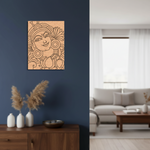  MDF DIY  wall art of a stylized face on a blue wall with a living room in the background.