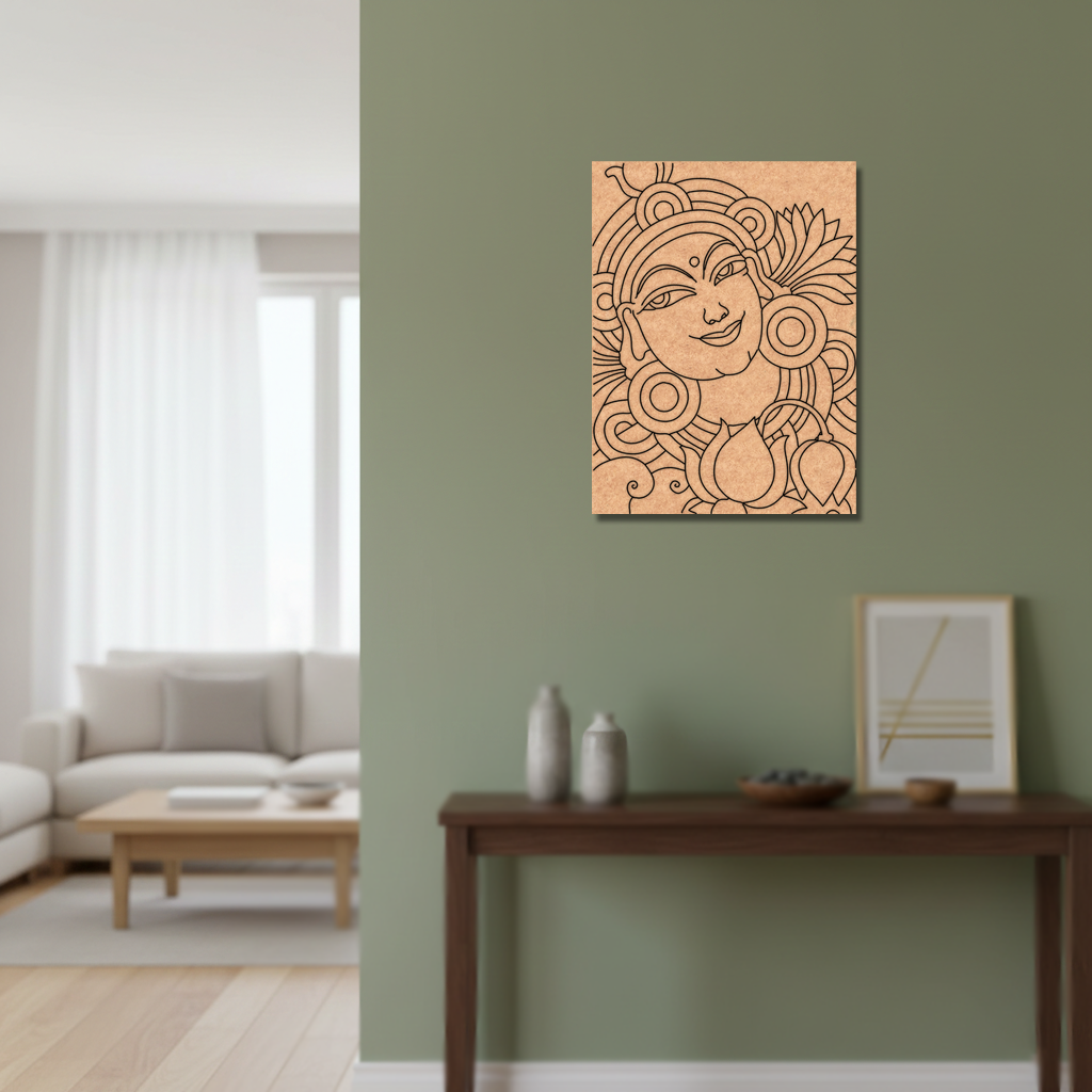 Decorative  MDF DIY wall art of a face with patterns on a green wall in a living room.