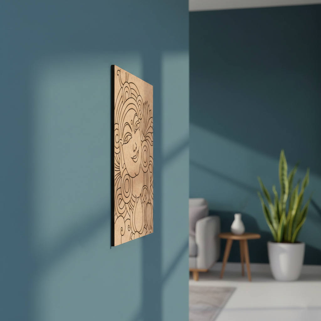  MDF DIY  wall art with geometric design on a blue wall in a modern room.