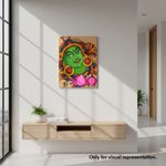 Colorful  MDF DIY wall art of a green face with flowers in a modern room.