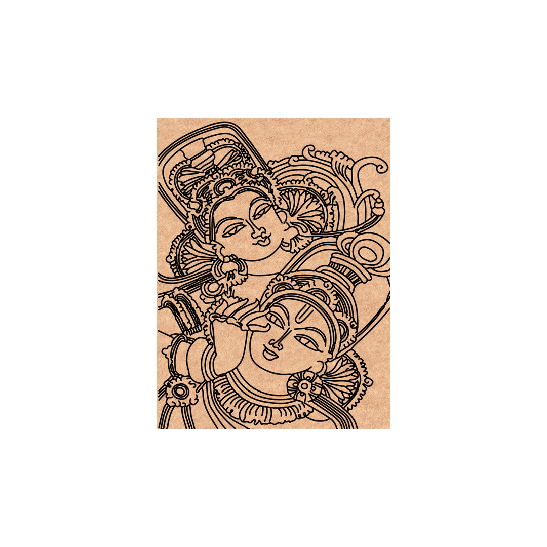  MDF DIY  wall art of two faces in traditional attire on a gray wall with a plant and sofa in the foreground.