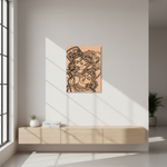 MDF DIY wall art with face design in a modern room with a window and plant.