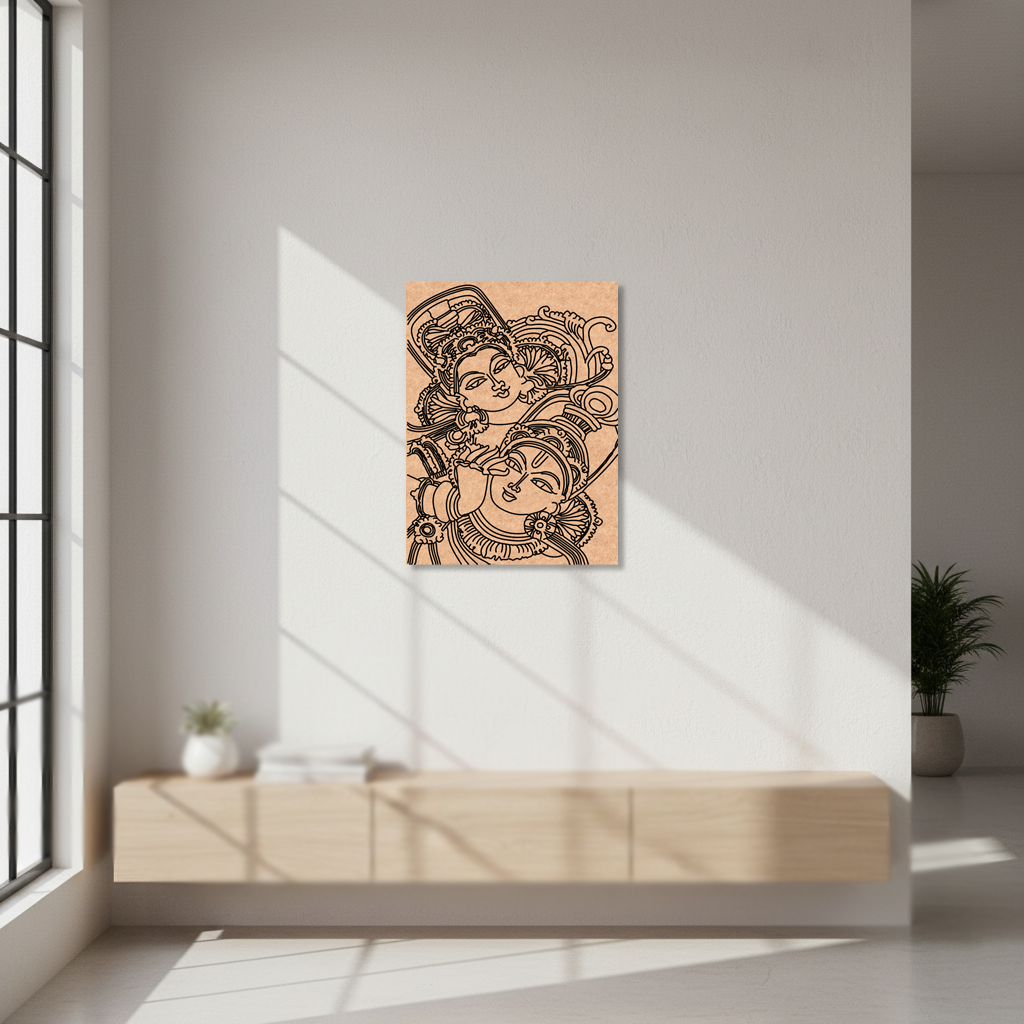 MDF DIY wall art with face design in a modern room with a window and plant.