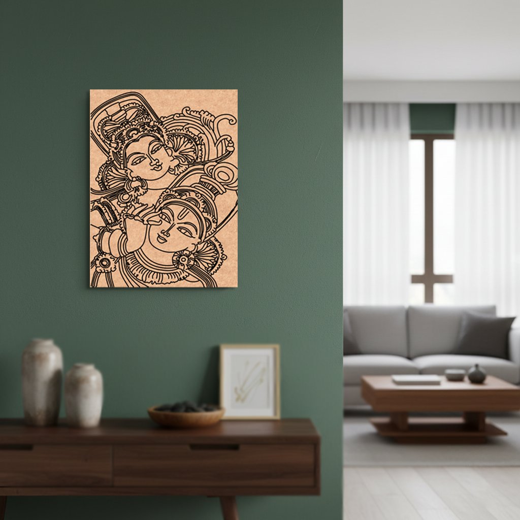 Decorative MDF DIY wall art of a woman with intricate patterns in a modern living room.