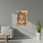  MDF DIY  wall art of two faces in traditional attire on a gray wall with a plant and sofa in the foreground.