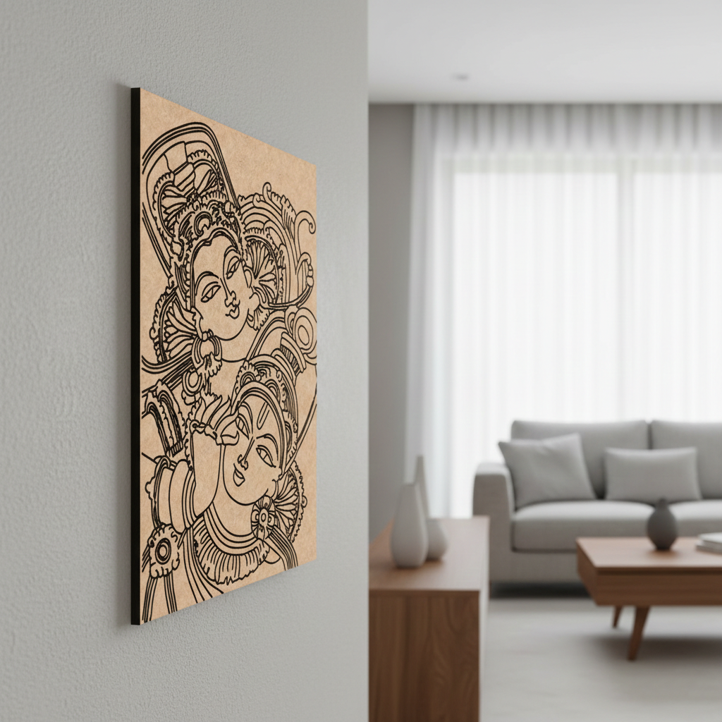 Decorative MDF DIY wall art of a woman with intricate patterns in a modern living room.