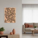 Decorative MDF DIY wall art of a stylized figure on a light gray wall in a living room.