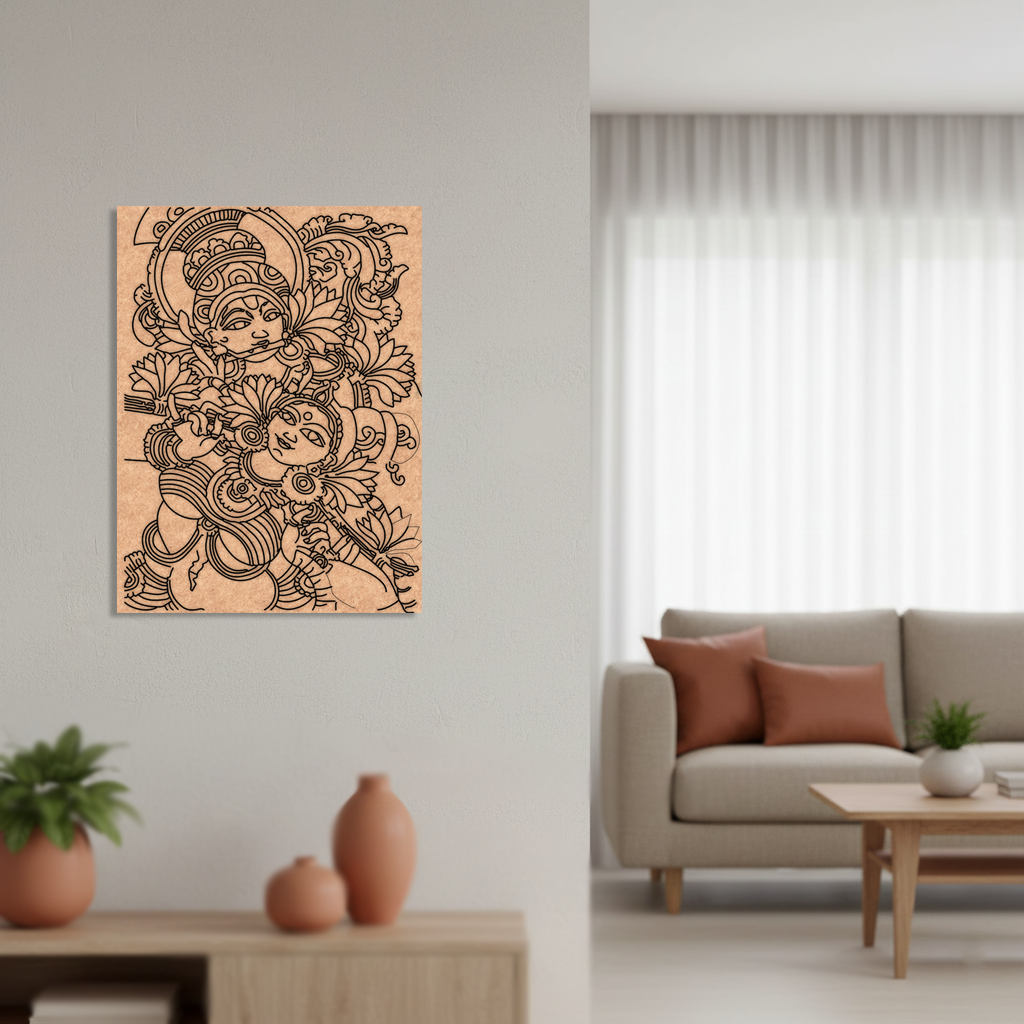Decorative MDF DIY wall art of a stylized figure on a light gray wall in a living room.