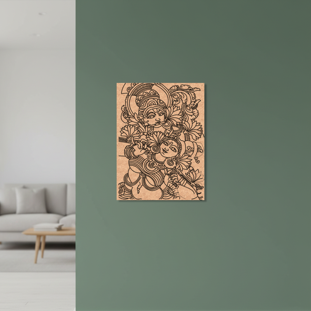 Decorative MDF DIY wall art of a stylized figure on a wooden panel against a green wall.