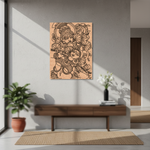 Decorative MDF DIY wall art on a gray wall above a wooden console table.