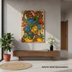 Colorful MDF DIY painting on a wall in a modern living room.