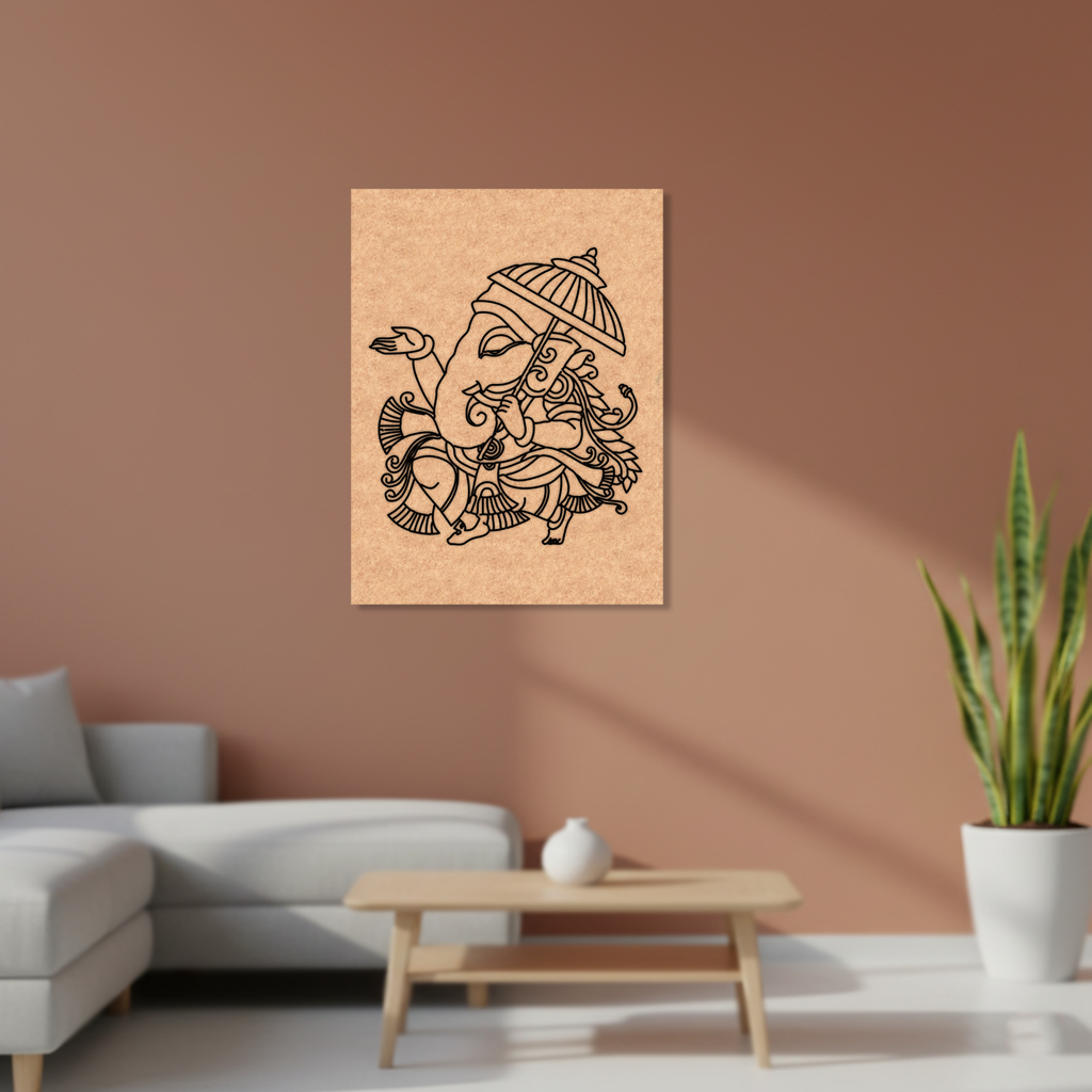 MDF DIY wall art with a design of a deity on a brown wall in a living room.