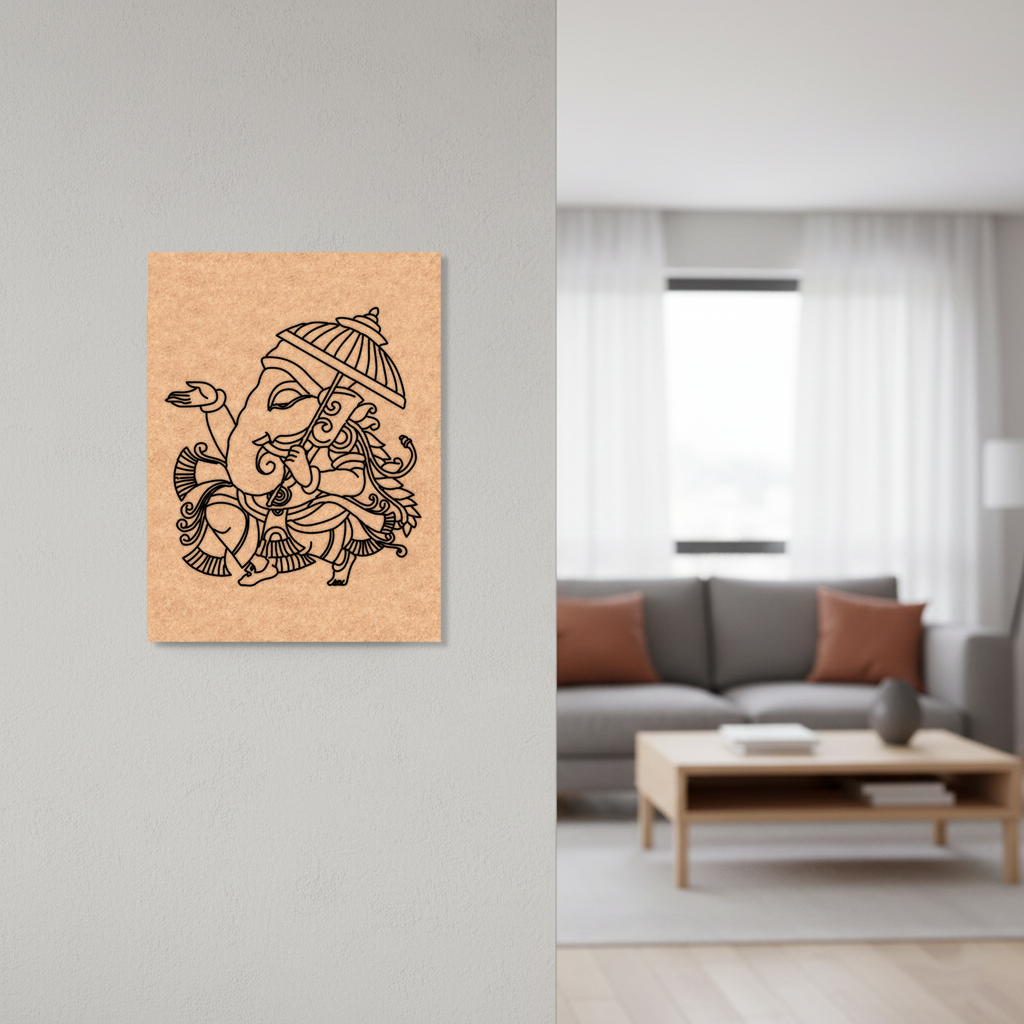MDF DIY of a black and white illustration of a deity on a gray wall in a living room.