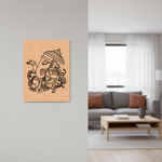 MDF DIY of a black and white illustration of a deity on a gray wall in a living room.