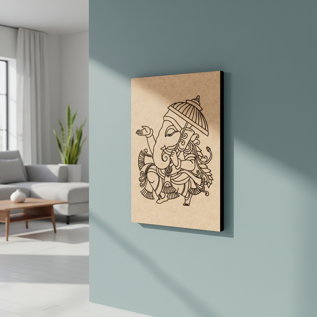 Decorative MDF DIY wall art of an elephant with a human face on a light wood background, displayed in a modern living room.