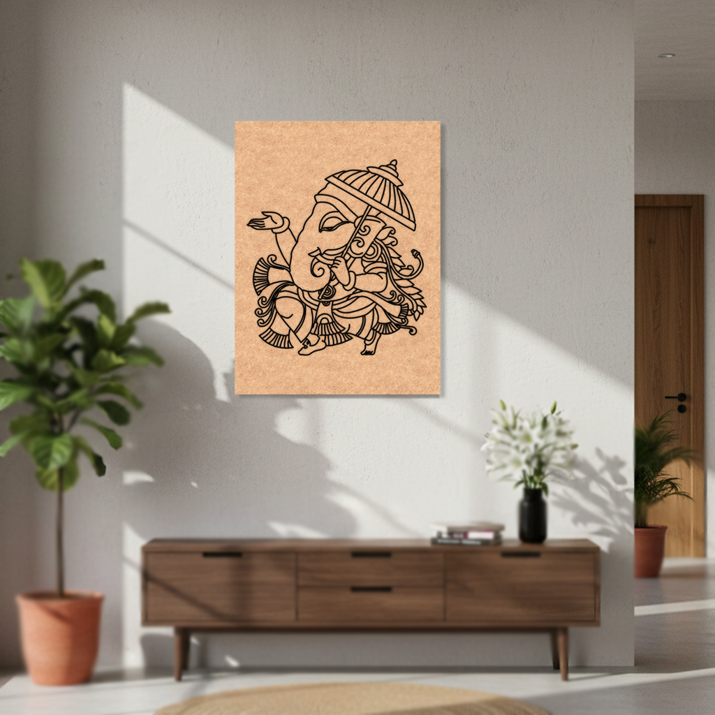 MDF DIY wall art of a deity in a modern living room setting with a plant and cabinet.