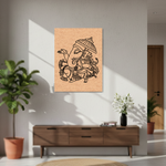 MDF DIY wall art of a deity in a modern living room setting with a plant and cabinet.