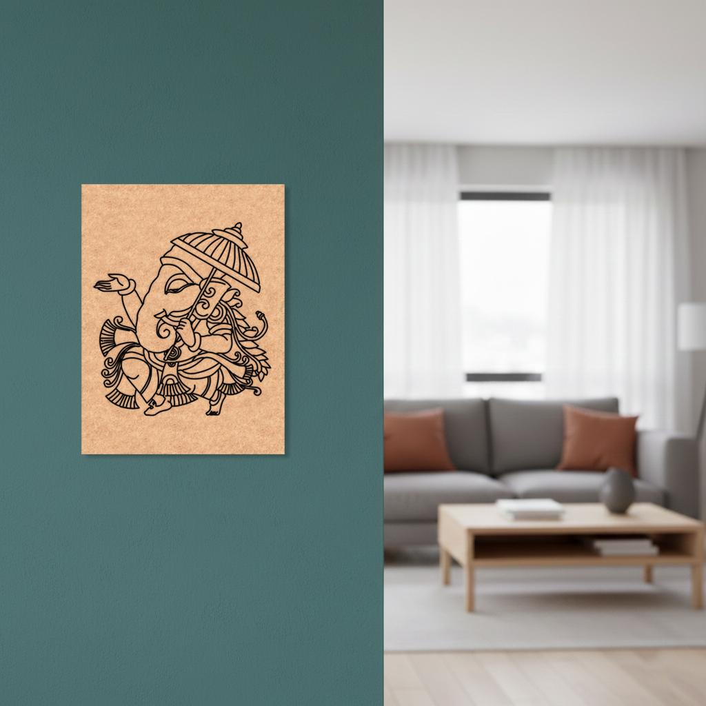 MDF DIY wall art of a deity on a teal wall with a living room in the background