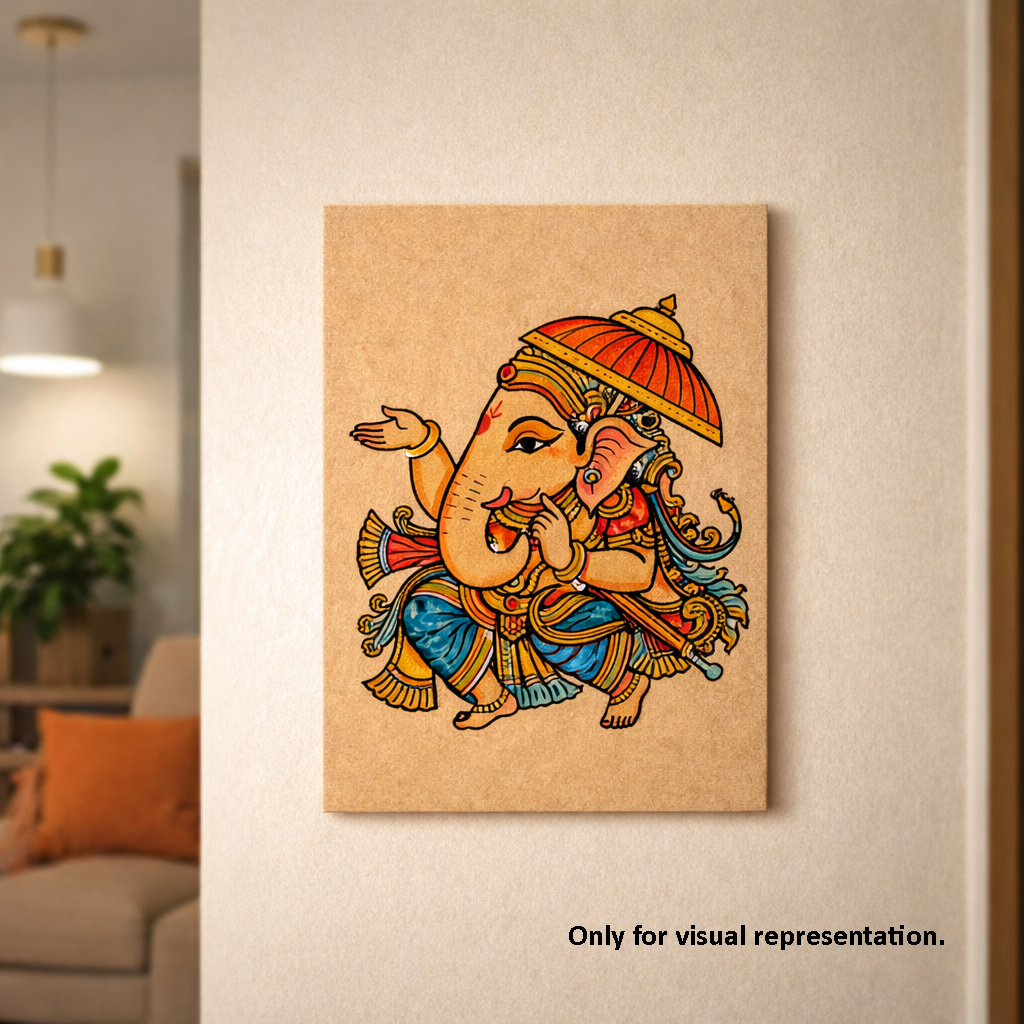 Colorful depiction of a deity on a textured wall in a home setting