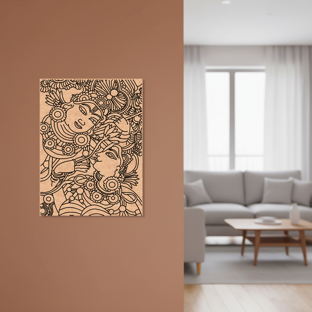 Decorative MDF DIY wall art of two stylized faces on a brown wall in a living room.