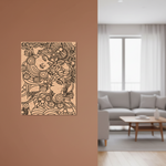 Decorative MDF DIY wall art of two stylized faces on a brown wall in a living room.