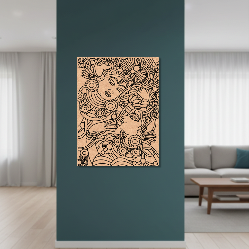 Decorative MDF DIY wall art with intricate design on a blue wall in a living room.