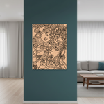 Decorative MDF DIY wall art with intricate design on a blue wall in a living room.