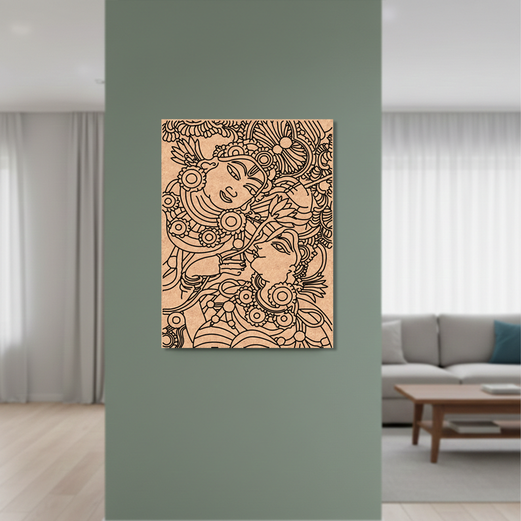 Decorative MDF DIY wall art with intricate design on a gray wall in a living room.