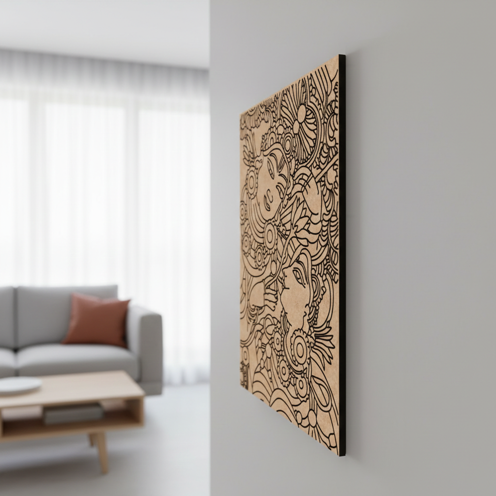 MDF DIY wall art with intricate patterns in a modern living room.