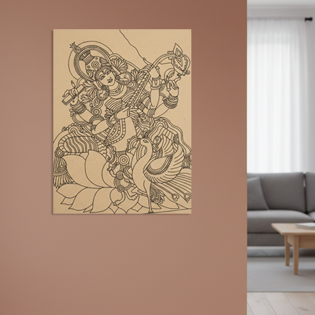 Decorative MDF DIY wall art of a deity on a peacock in a living room setting.