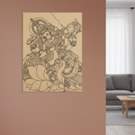 Decorative MDF DIY wall art of a deity on a peacock in a living room setting.