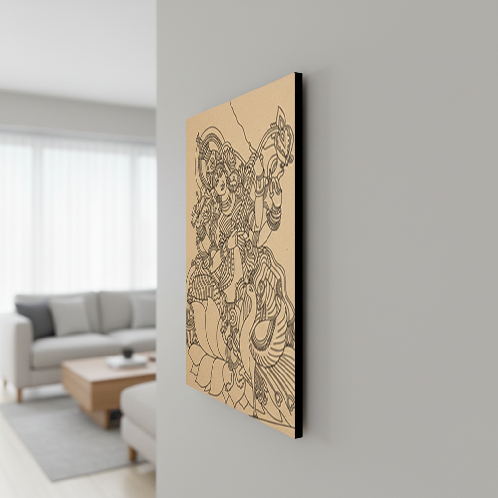 MDF DIY wall art with intricate design on a gray wall in a living room.