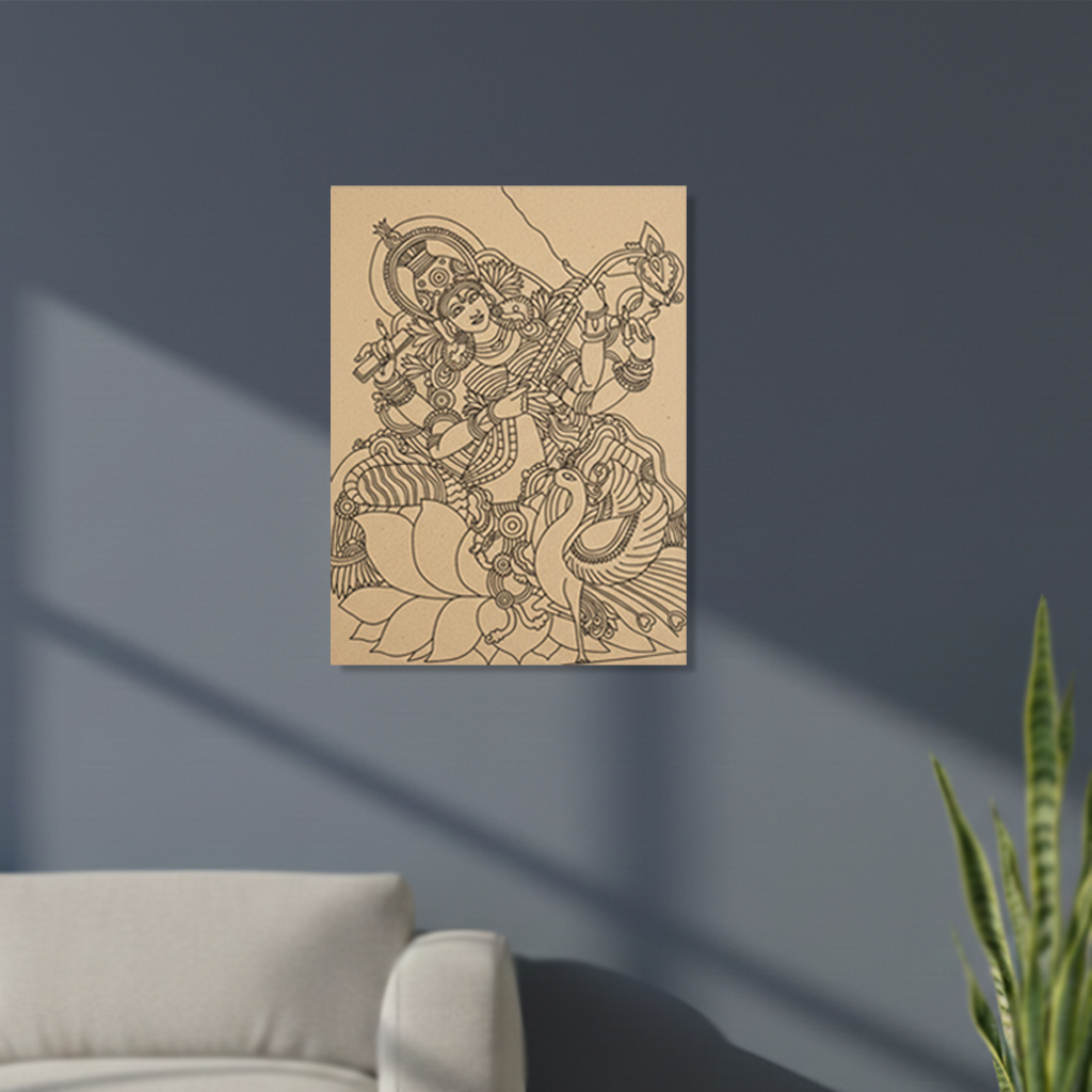 Decorative MDF DIY wall art of a celestial figure on a horse against a dark blue wall.