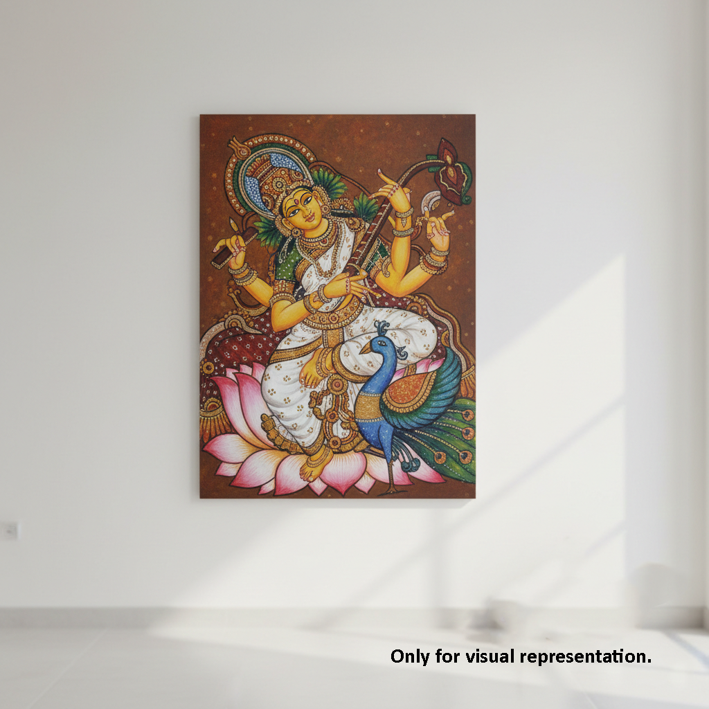 Colorful MDF DIY artwork of a deity with a peacock on a white wall.
