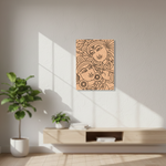 Decorative MDF DIY wall art of two faces on a wooden panel in a modern living room.