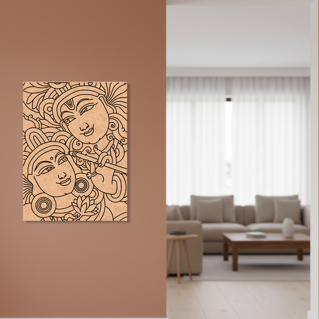 Decorative MDF DIY wall art of two faces on a brown wall in a living room.