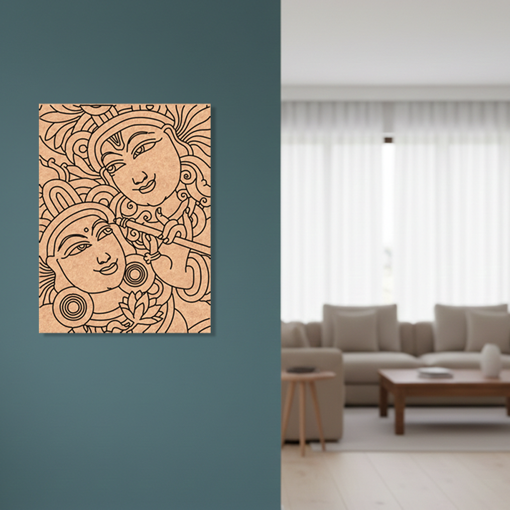 Decorative MDF DIY wall art of two faces on a teal wall with a blurred living room in the background.