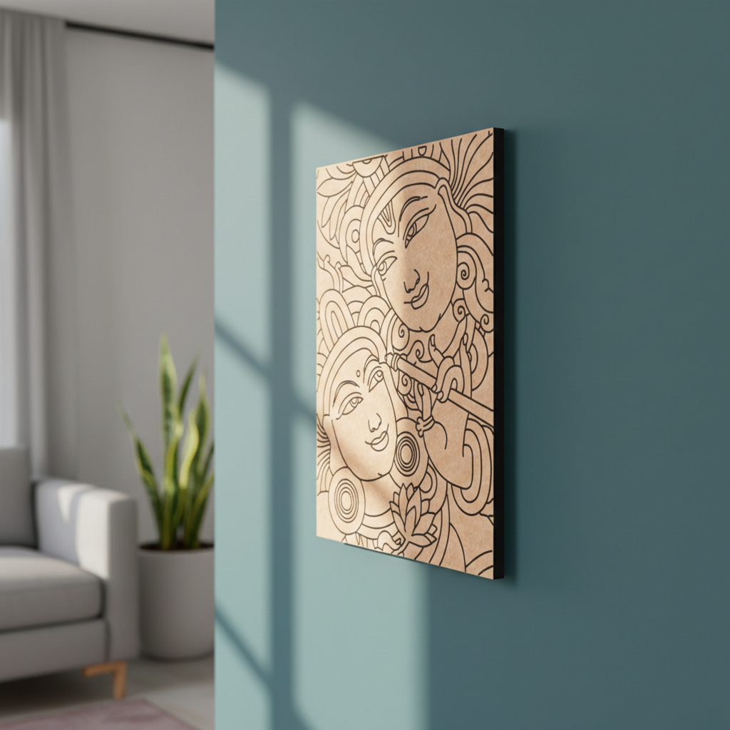 MDF DIY wall art with intricate design of two faces on a teal wall.