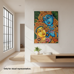 Colorful painting of two faces on a wall in a modern room with a window and wooden shelf.